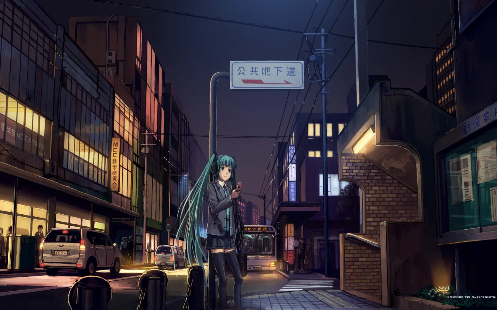 машины, улица, вокалоид, мобильник, vocaloid, вечер, девушка