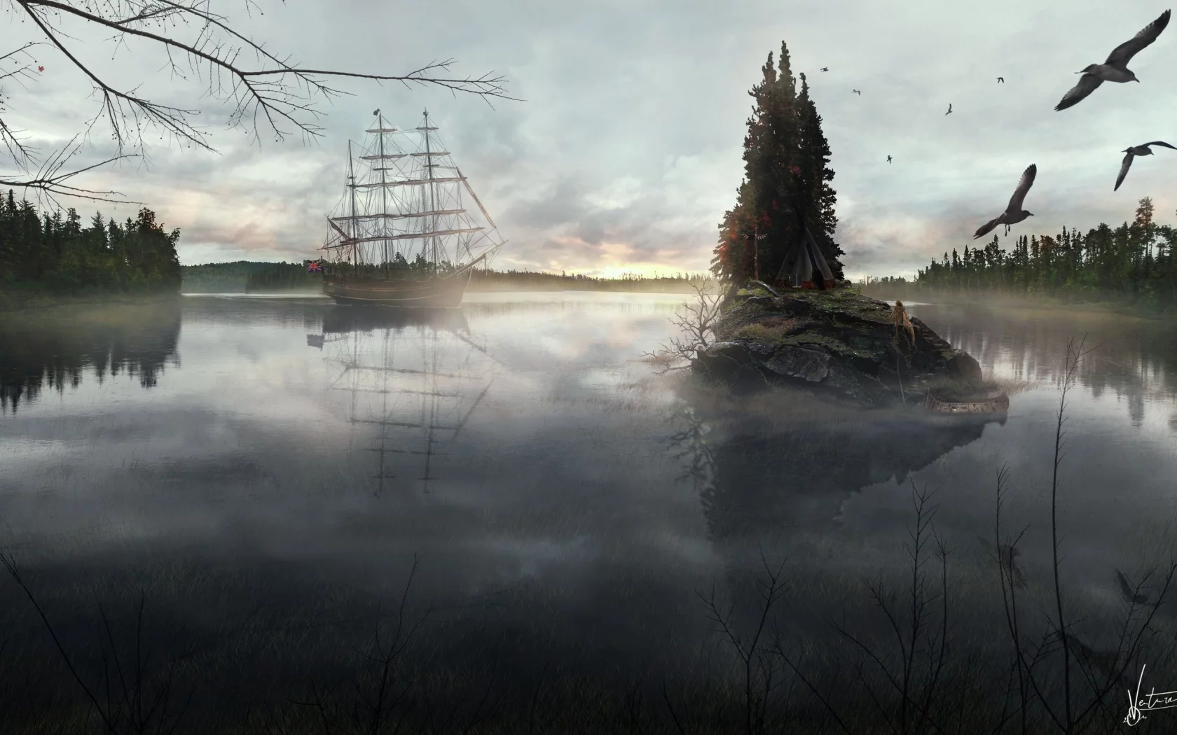 корабль, лес, озеро