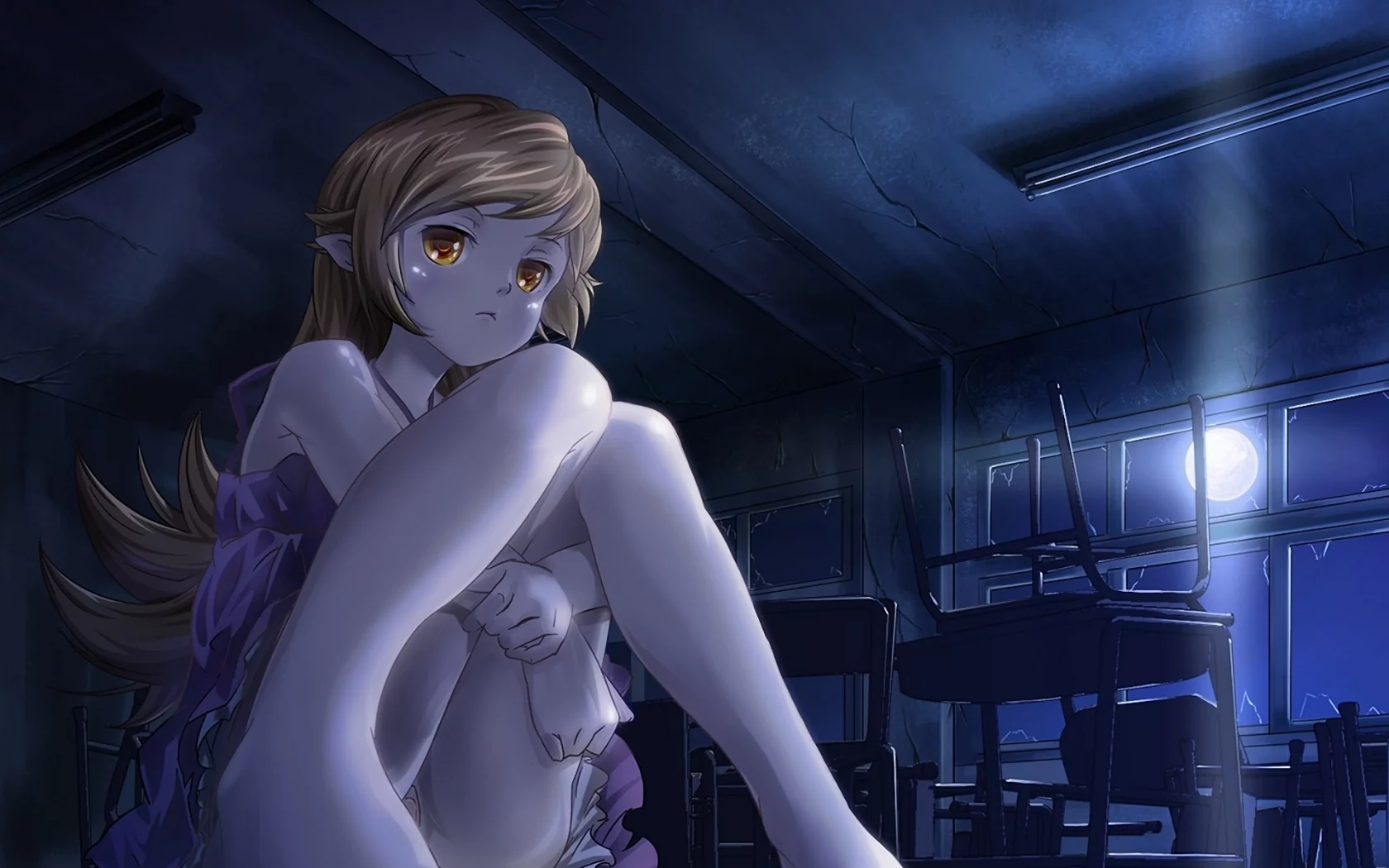 школа, истории монстров, парты, вампир, уши, девушка, oshino shinobu, луна, bakemonogatari, ночь, класс