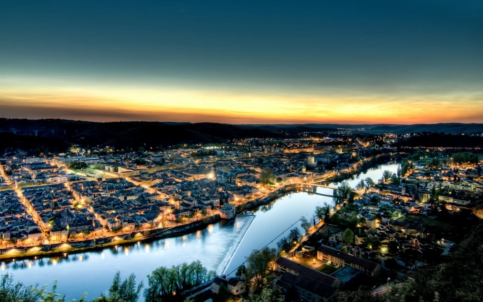 city, cahors, ло, огни, каор, город, вечер, закат, франция, река