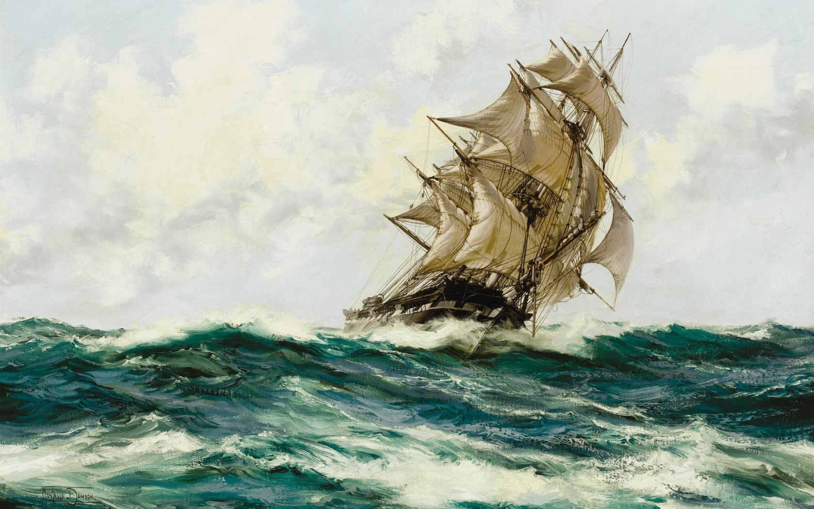 montague dawson, море, волны, парусник