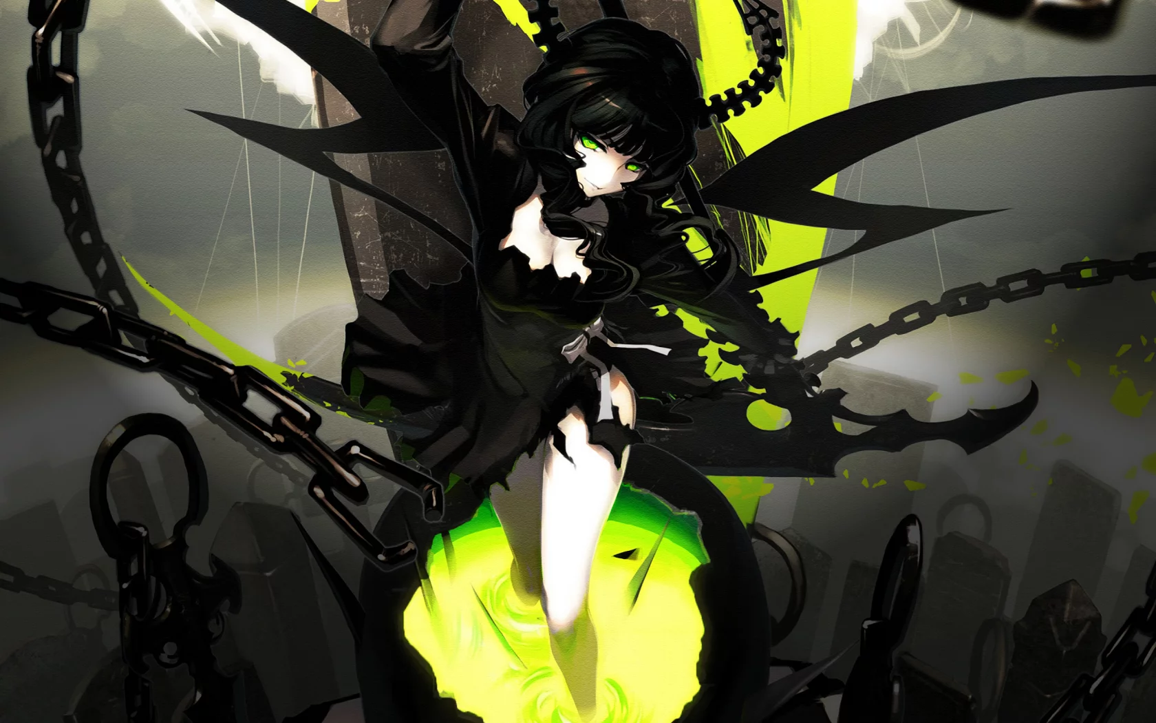 цепи, takanashi yomi, black rock shooter, коса, девушка, столбы