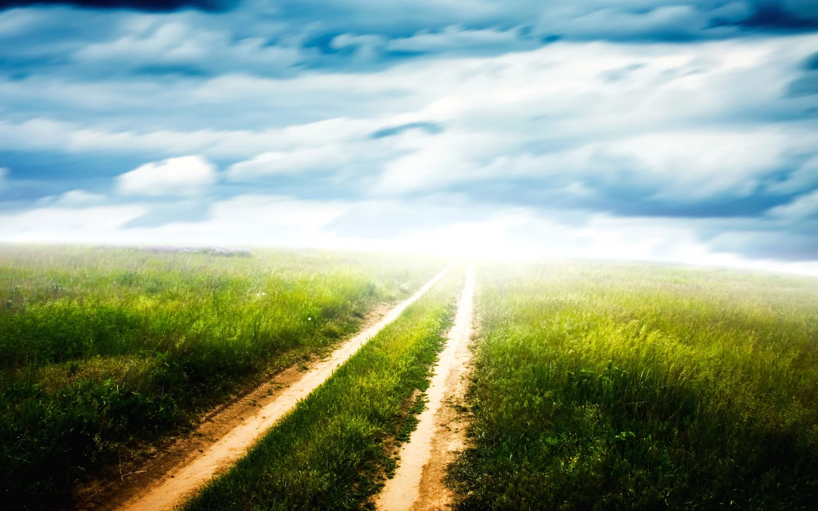 колея, поле, green pathway, облака, горизонт, дорога, просёлочная