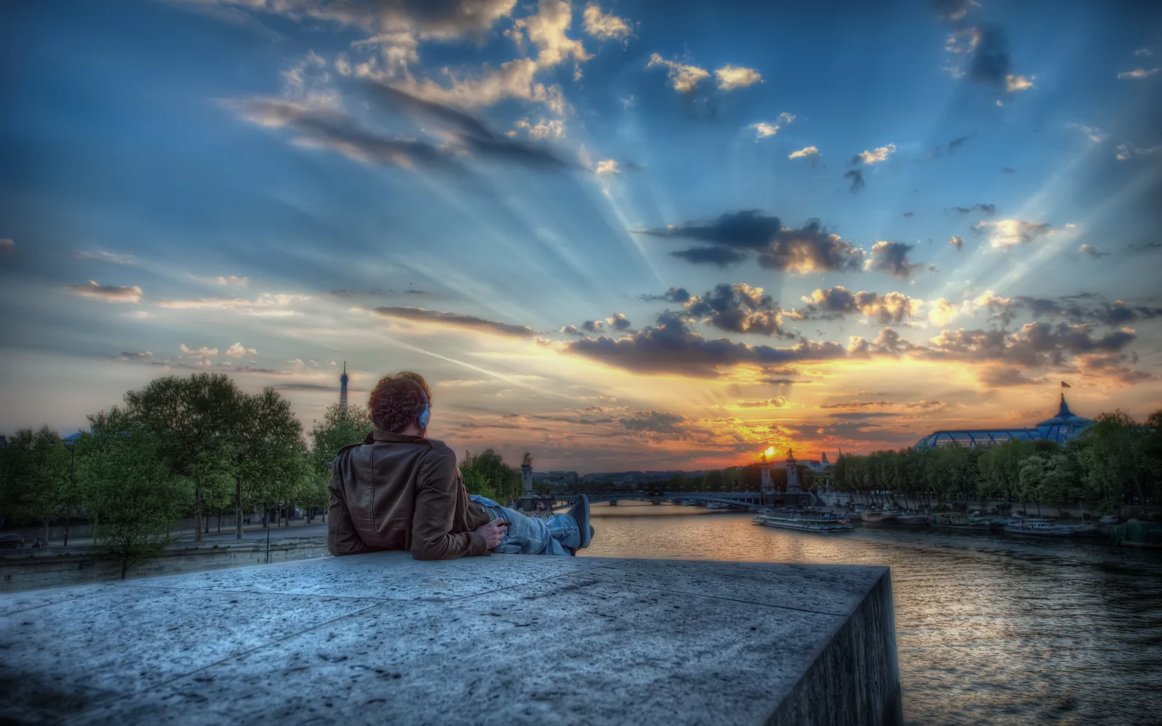 закат, hdr, париж, река