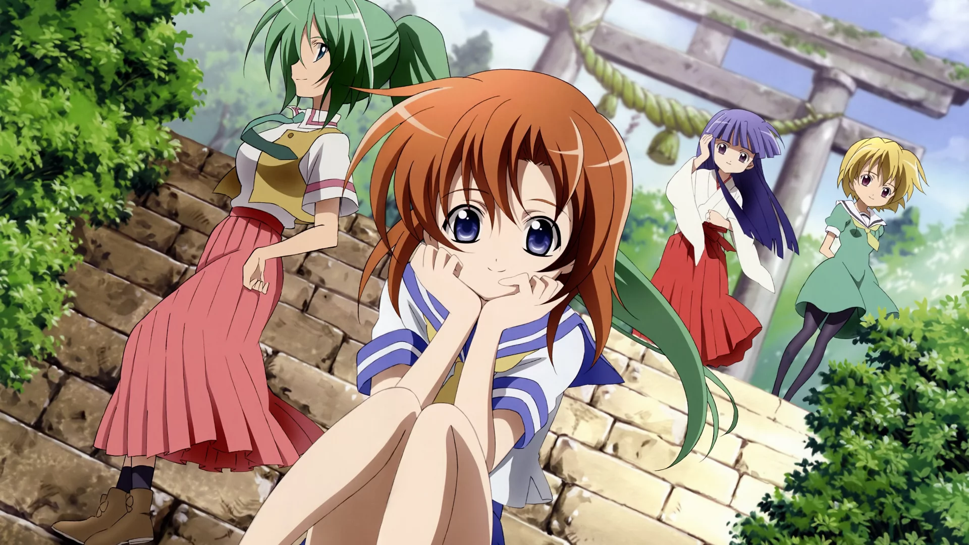 сидит, mion sonozaki, храм, higurashi no naku koro ni, лестница, когда плачут цикады, ворота, rika furude, anime, satoko hojo, аниме, девушки, rena ryuugu