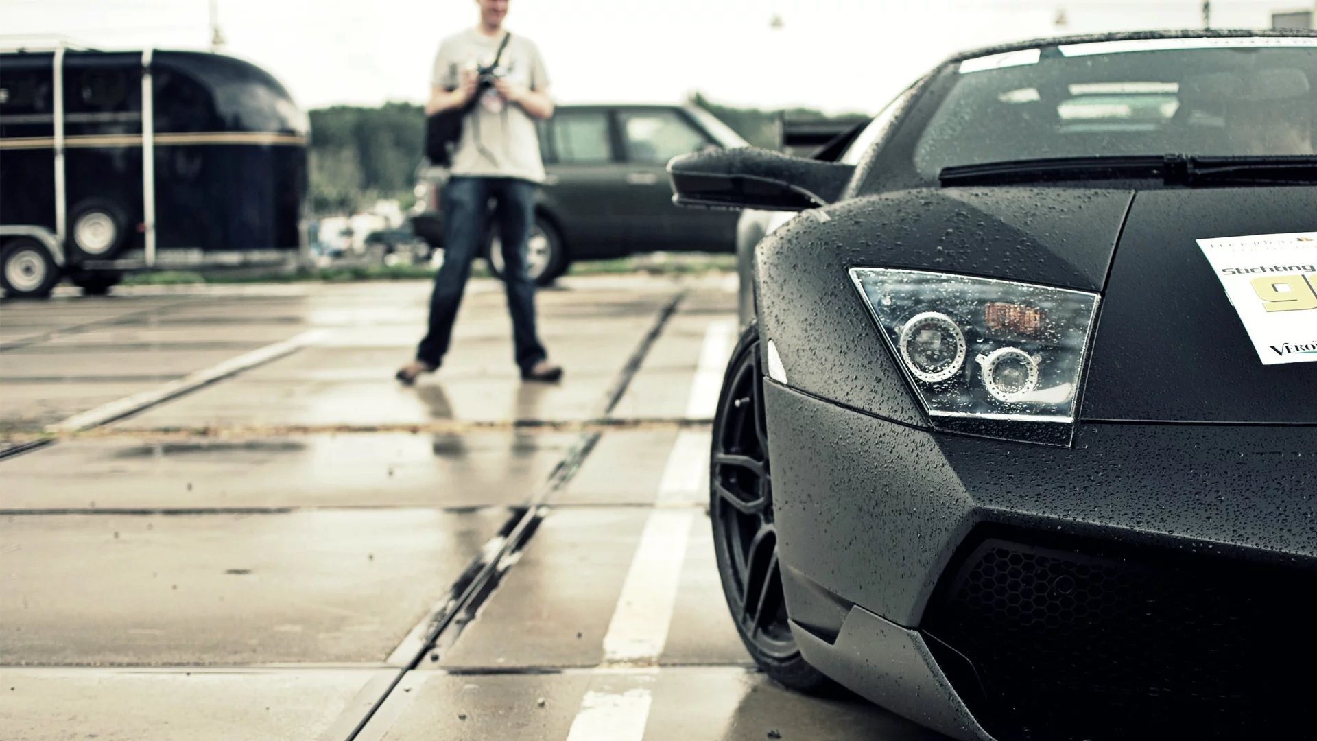 капот, lamborghini, дождь, фара