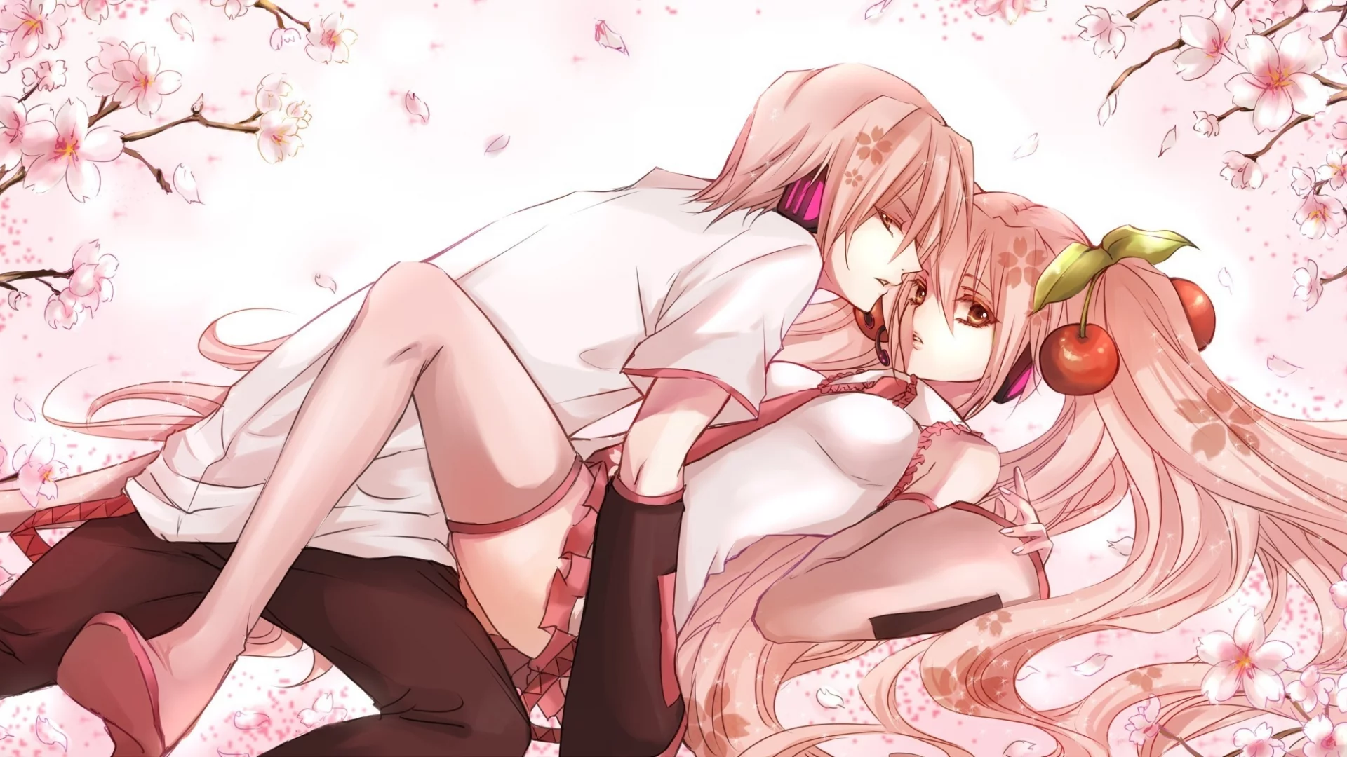 двое, вокалоид, vocaloid, вишня, сакура, розовые волосы