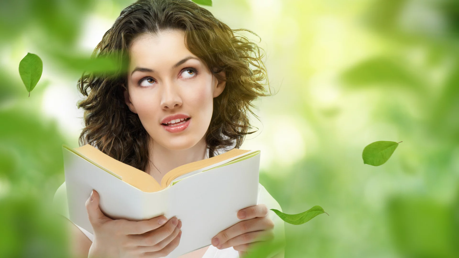 природа, листья, книга, девушка
