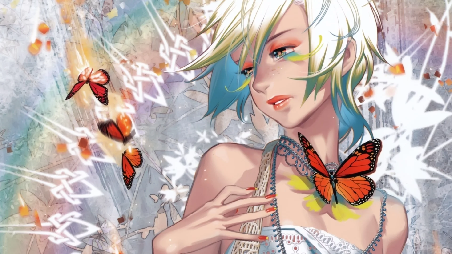 девушка, бабочка, блондинка, рука, midori foo (artist)