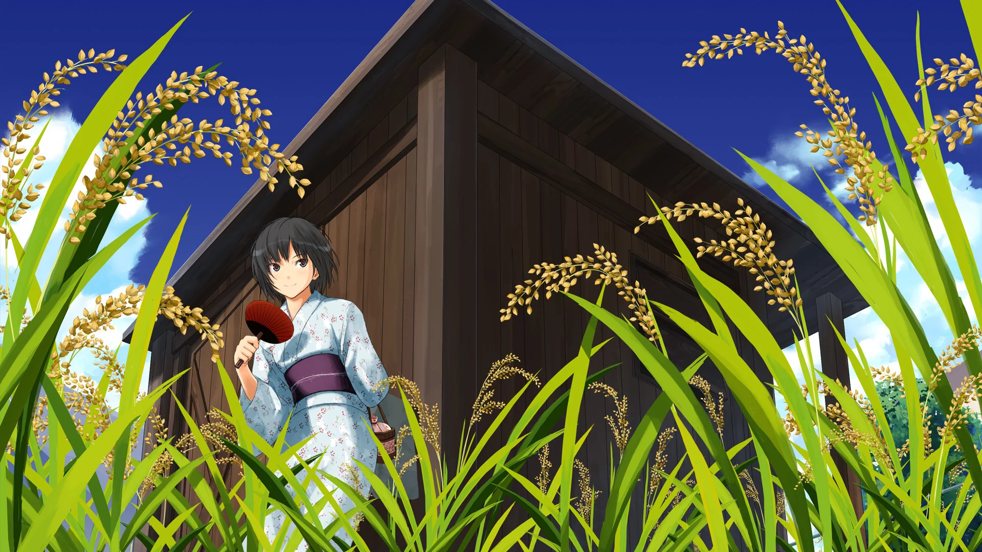 nanasaki ai, amagami, кимоно, веер, природа