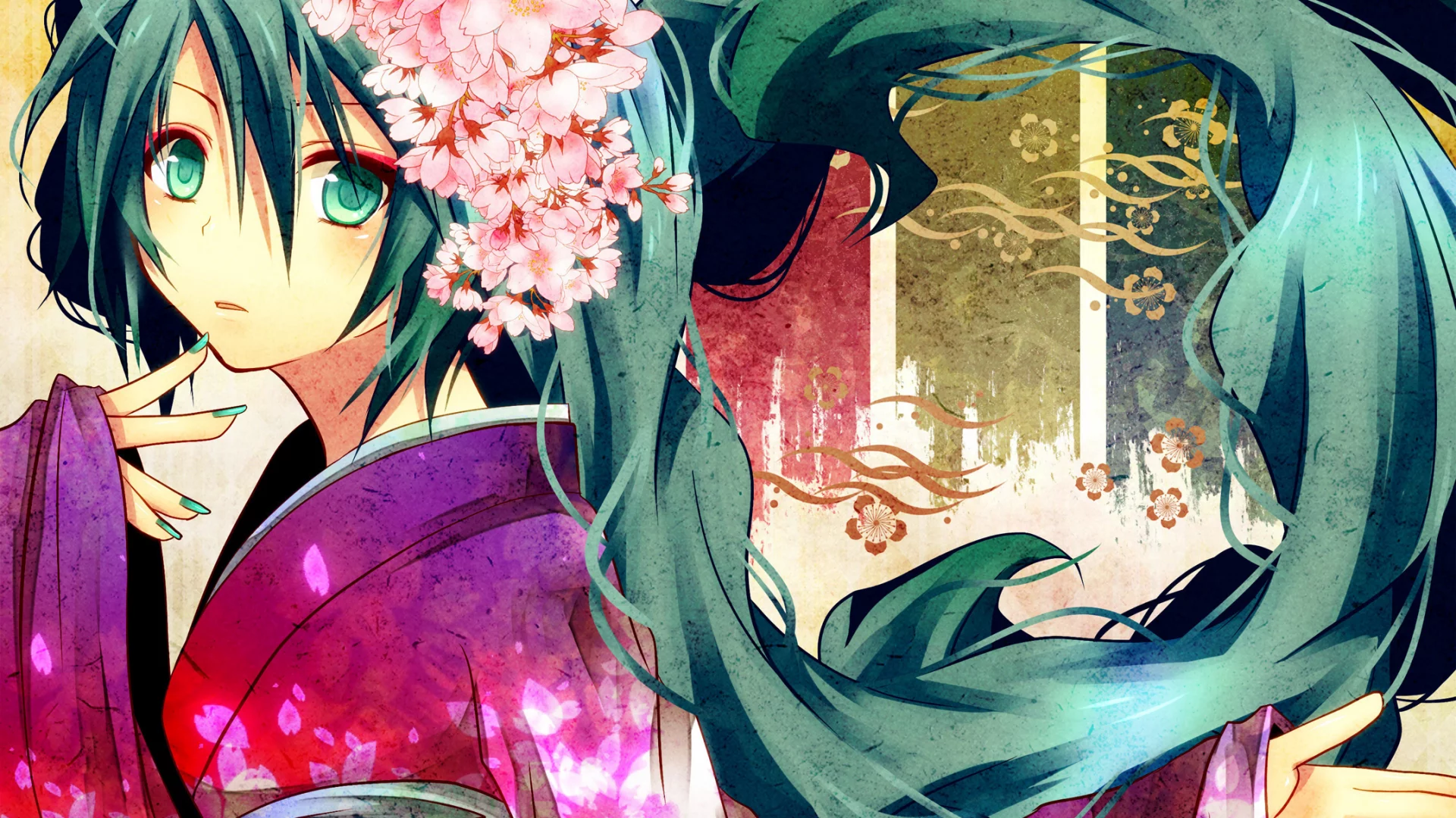 кимоно, hatsune miku, девушка, vocaloid, взгляд