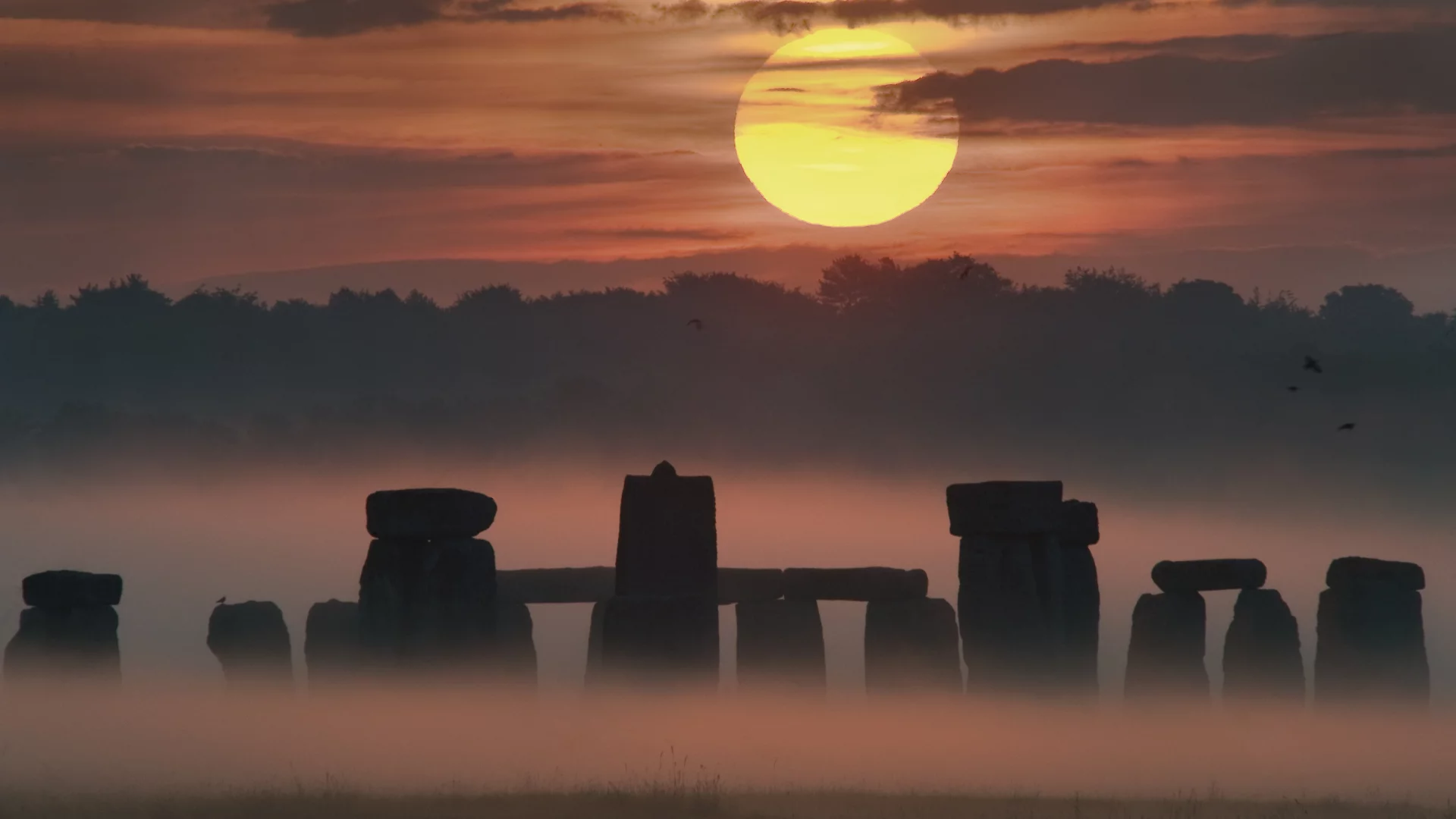 мегалиты, stonehenge, облака, памятник, камни, туман, небо, лес, закат, стоунхендж