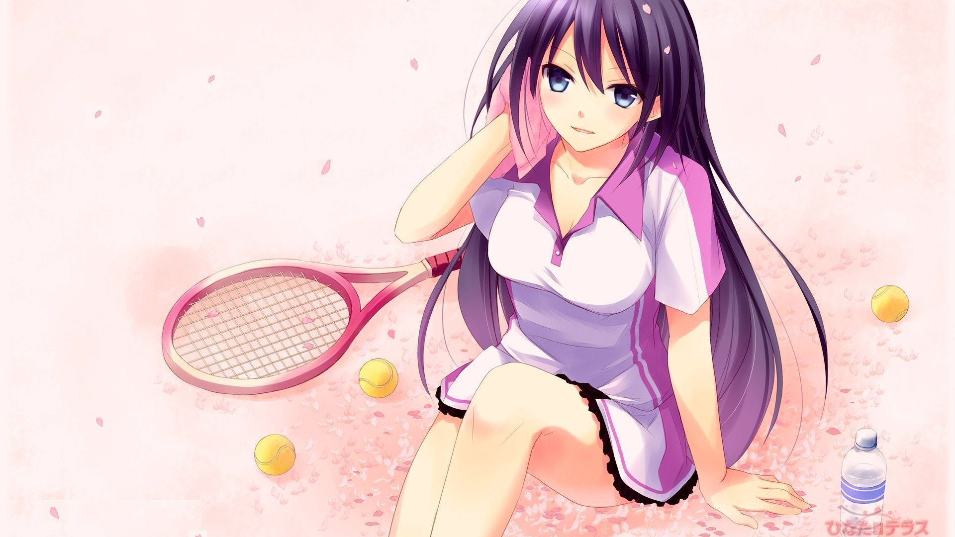 платье, tennis girl, мячики, аниме, теннисистка, девушка, ракетка, полотенце, лепестки, арт, розовые, спорт