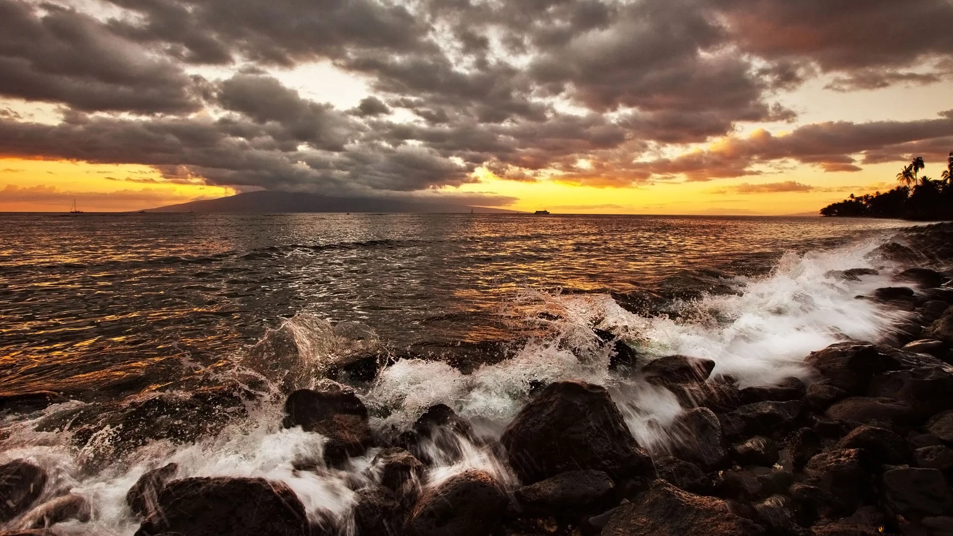 закат, море, небо, камни