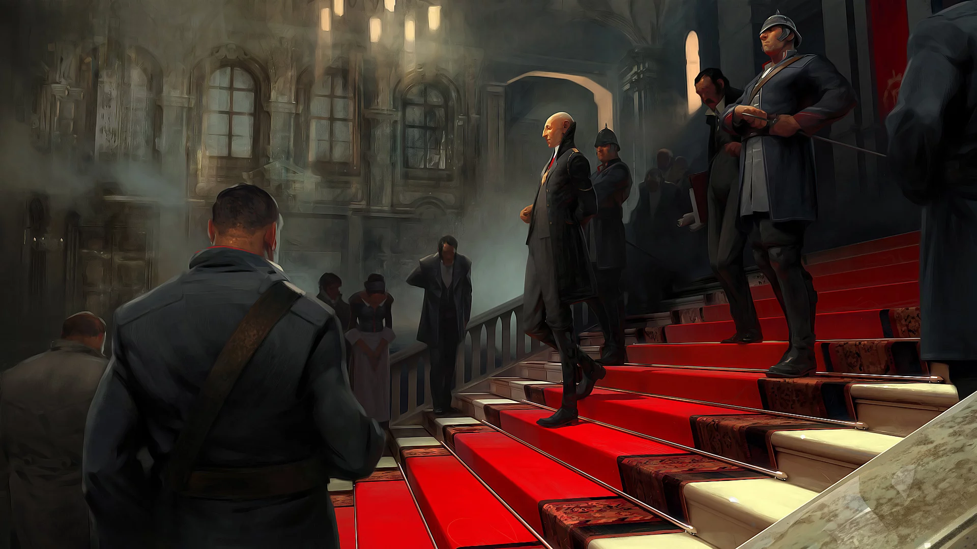 караул, красная, дворец, дорожка, ковровая, солдаты, ступени, форма, dishonored, люди