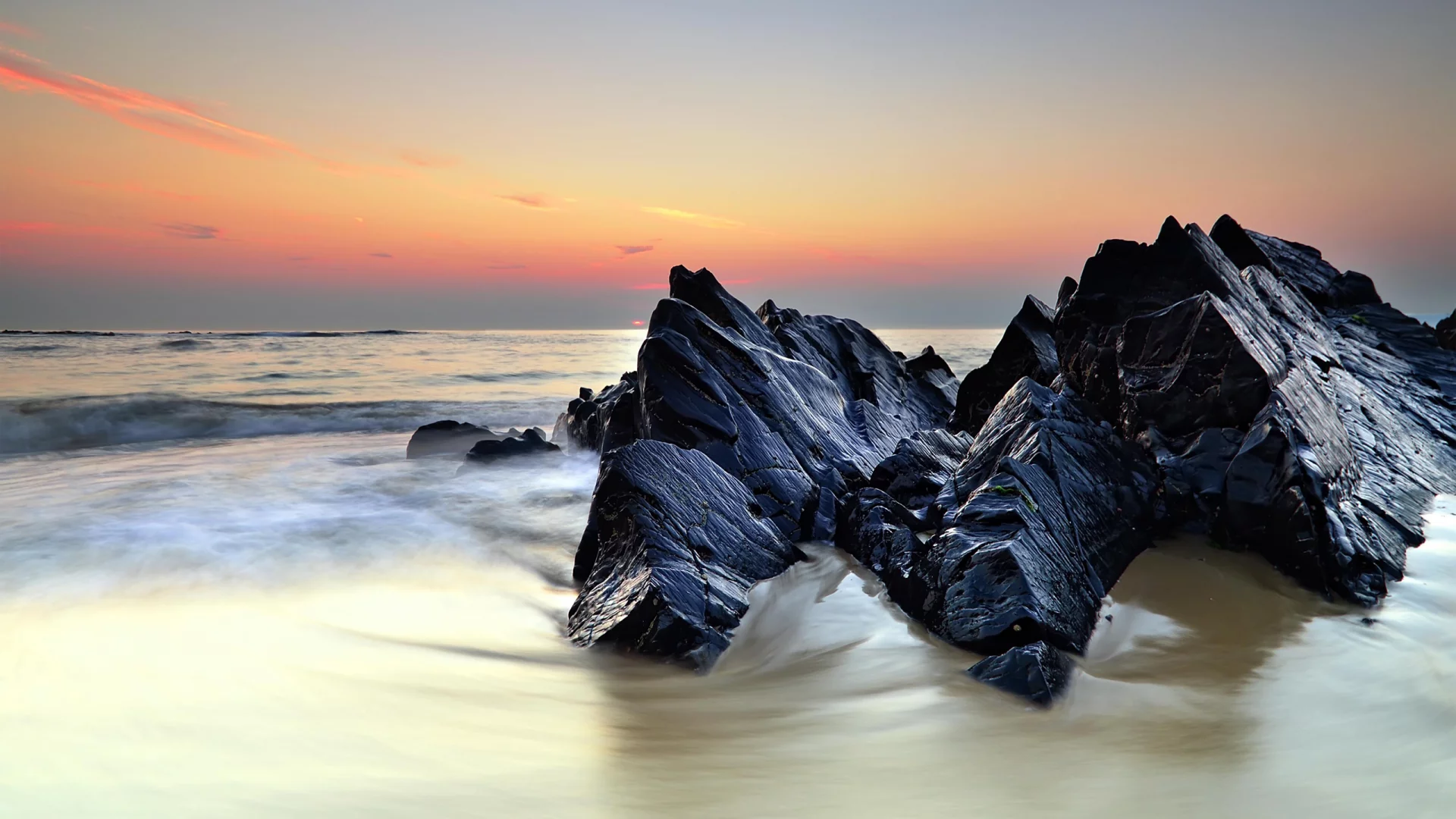 закат, море, вода, камни