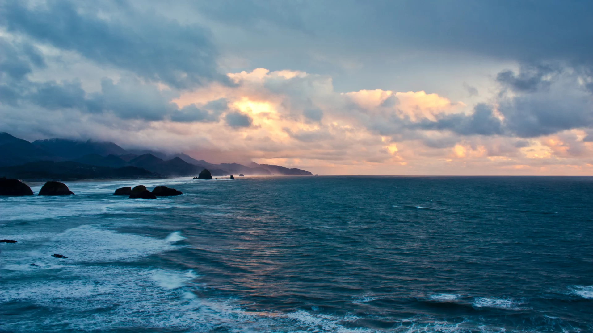 oregon coast sunset, haystack rock, ecola state park