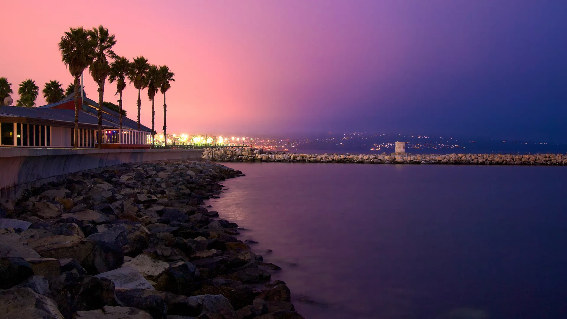 побережье, город, закат, california, пальмы