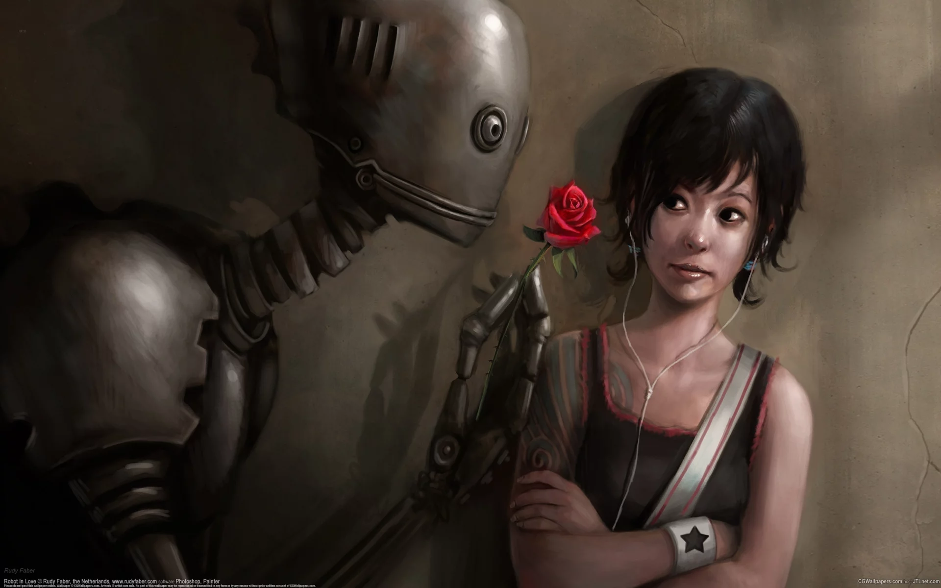 робот, rudy faber, robot in love, тату, роза, плеер, цветок, девушка, влюбленный