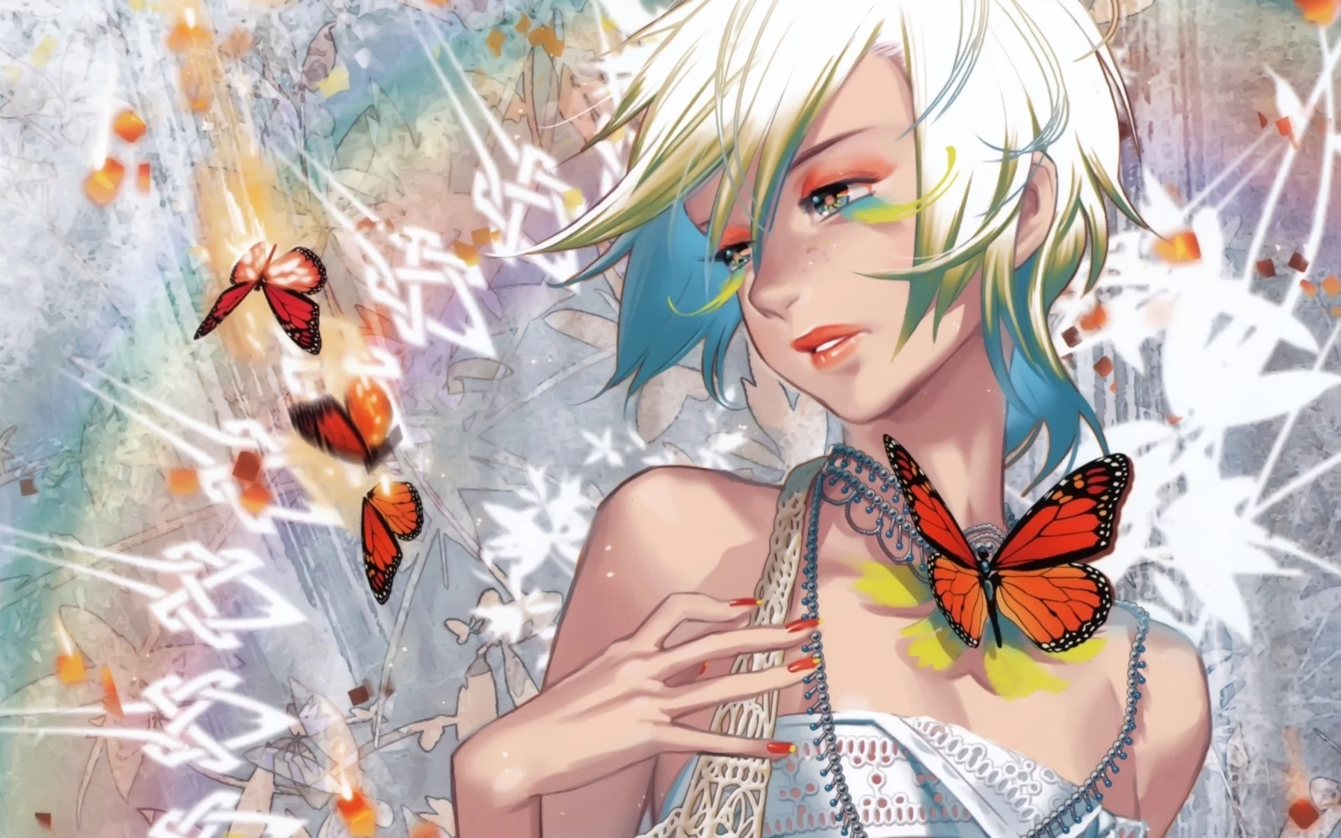 девушка, бабочка, блондинка, рука, midori foo (artist)