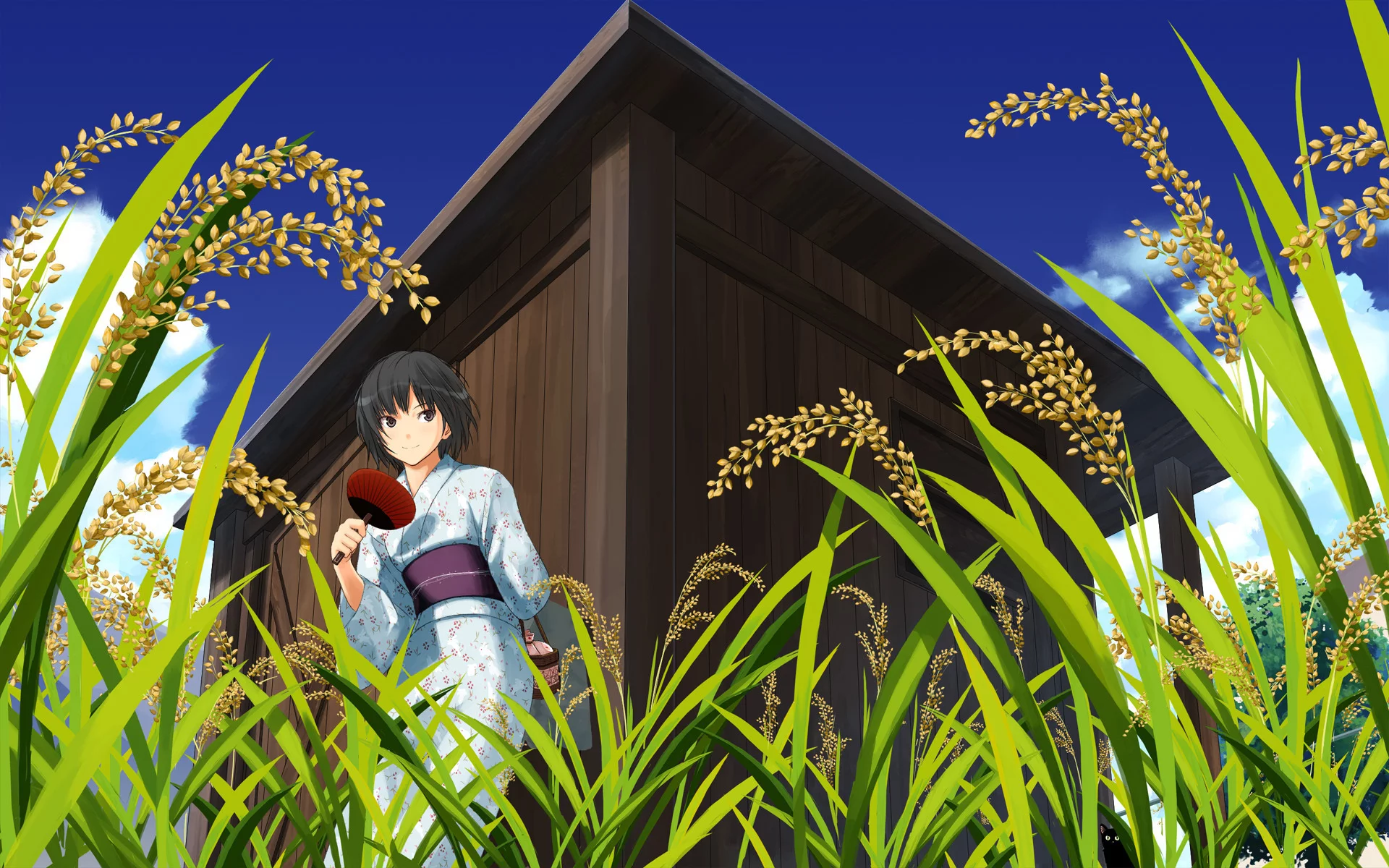 nanasaki ai, amagami, кимоно, веер, природа