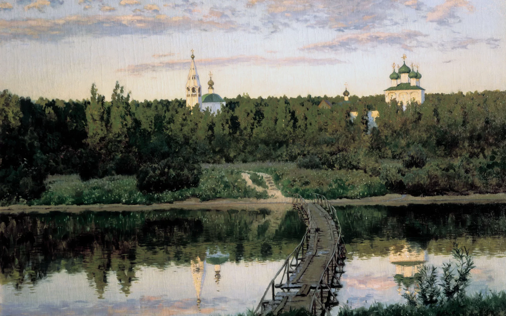 церковь, левитан, река, тихая, мост, обитель