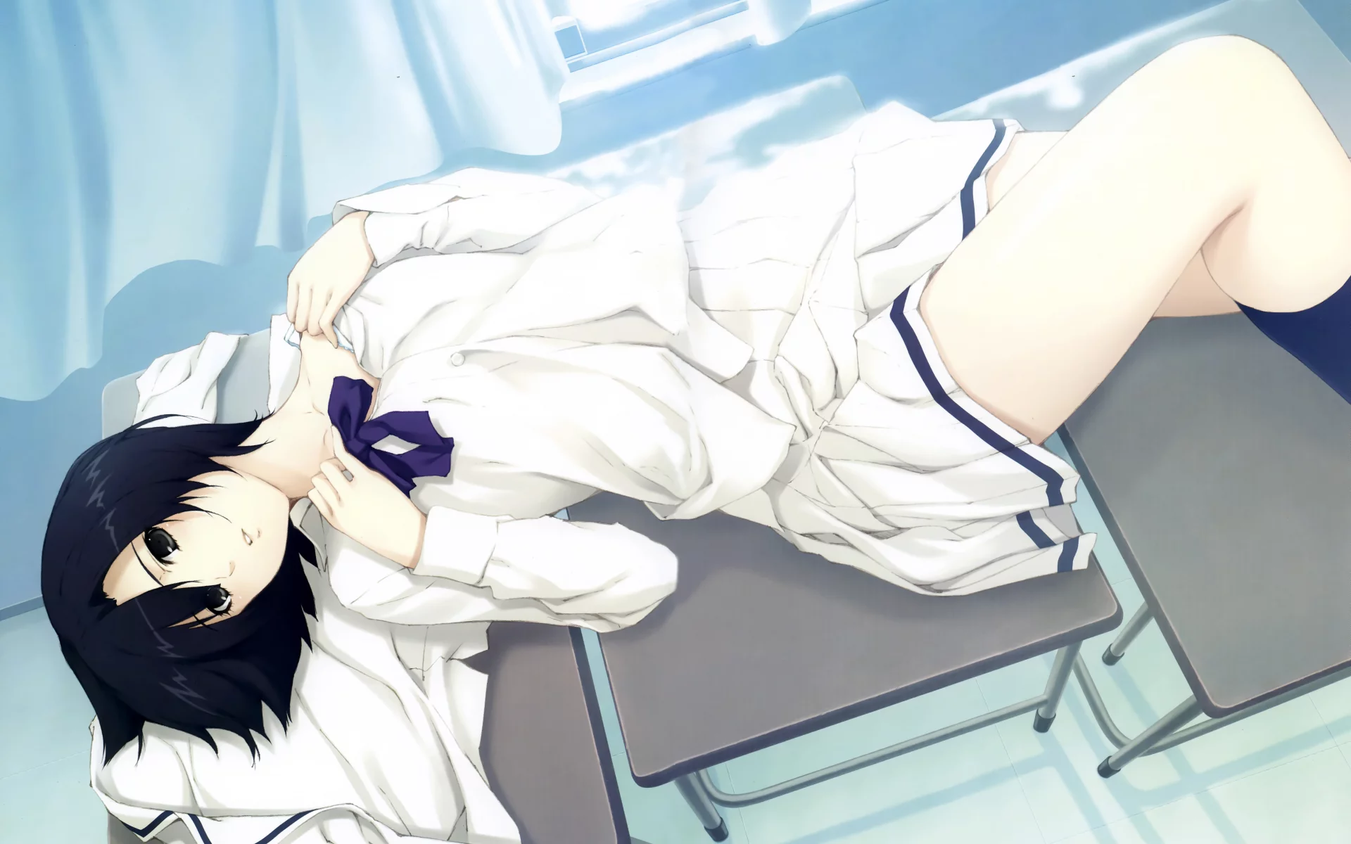 kara no shoujo, форма, лежит, девушка, столы, парты, школа