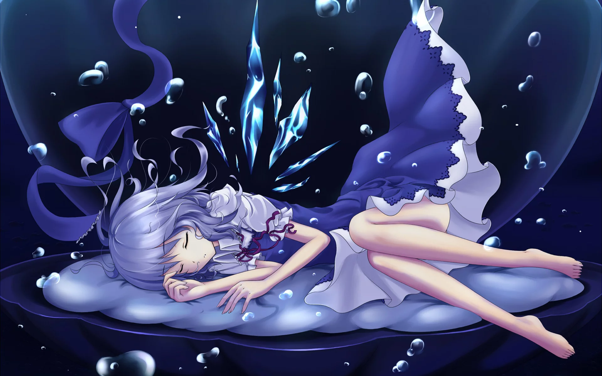 touhou, сырно, девушка, девушка, cirno, платье, тохо, спит