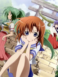 сидит, mion sonozaki, храм, higurashi no naku koro ni, лестница, когда плачут цикады, ворота, rika furude, anime, satoko hojo, аниме, девушки, rena ryuugu