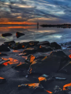небо, море, закат, берег, камни