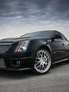 cadillac, тучи, чёрный, передняя часть, кадилак, black, облака, cts, асфальт, небо