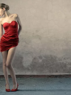 красное, туфли, платье, брусчатка, губы, стена, блондинка, фон
