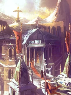 by peteamachree, цитадель, арт, крепость, mountain citadel, флаги, сооружение, фантастика, горы