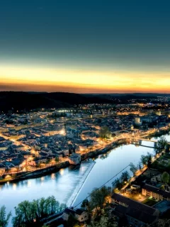 city, cahors, ло, огни, каор, город, вечер, закат, франция, река