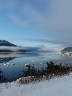 горы, река, снег, зима