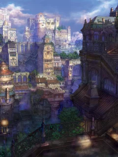 арт, сказочный, лестница, fairytail, город, фонари, мир