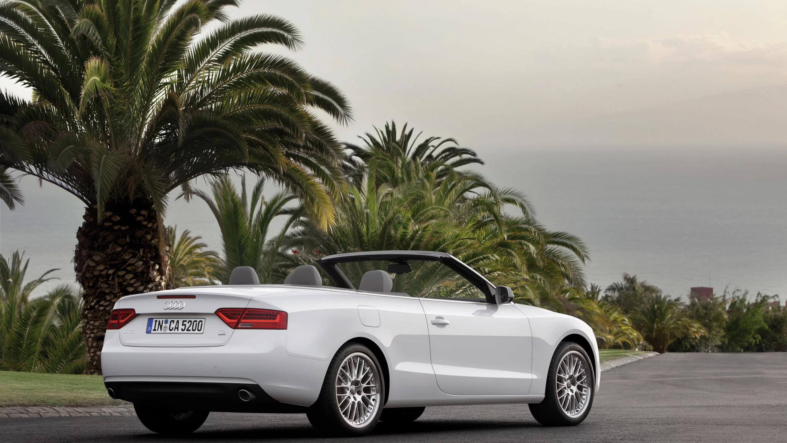 asphalt, пальмы, асфальт, машина, audi a5 cabriolet 2012, 2828x2000, sky, небо, palm trees, car