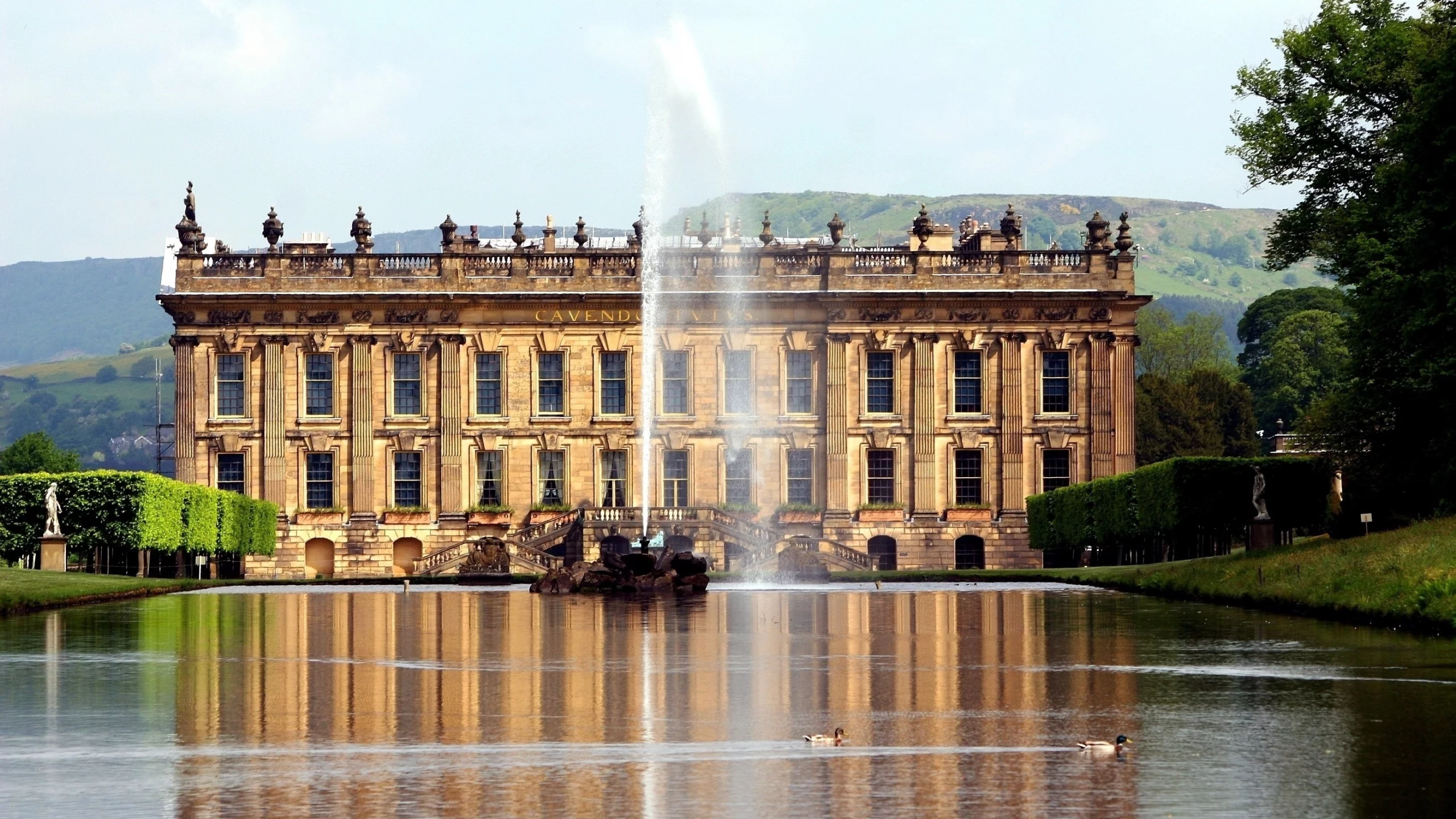 фонтан, англия, дворец, замок, утки, девоншир, чатсворт, chatsworth house, england, поместье