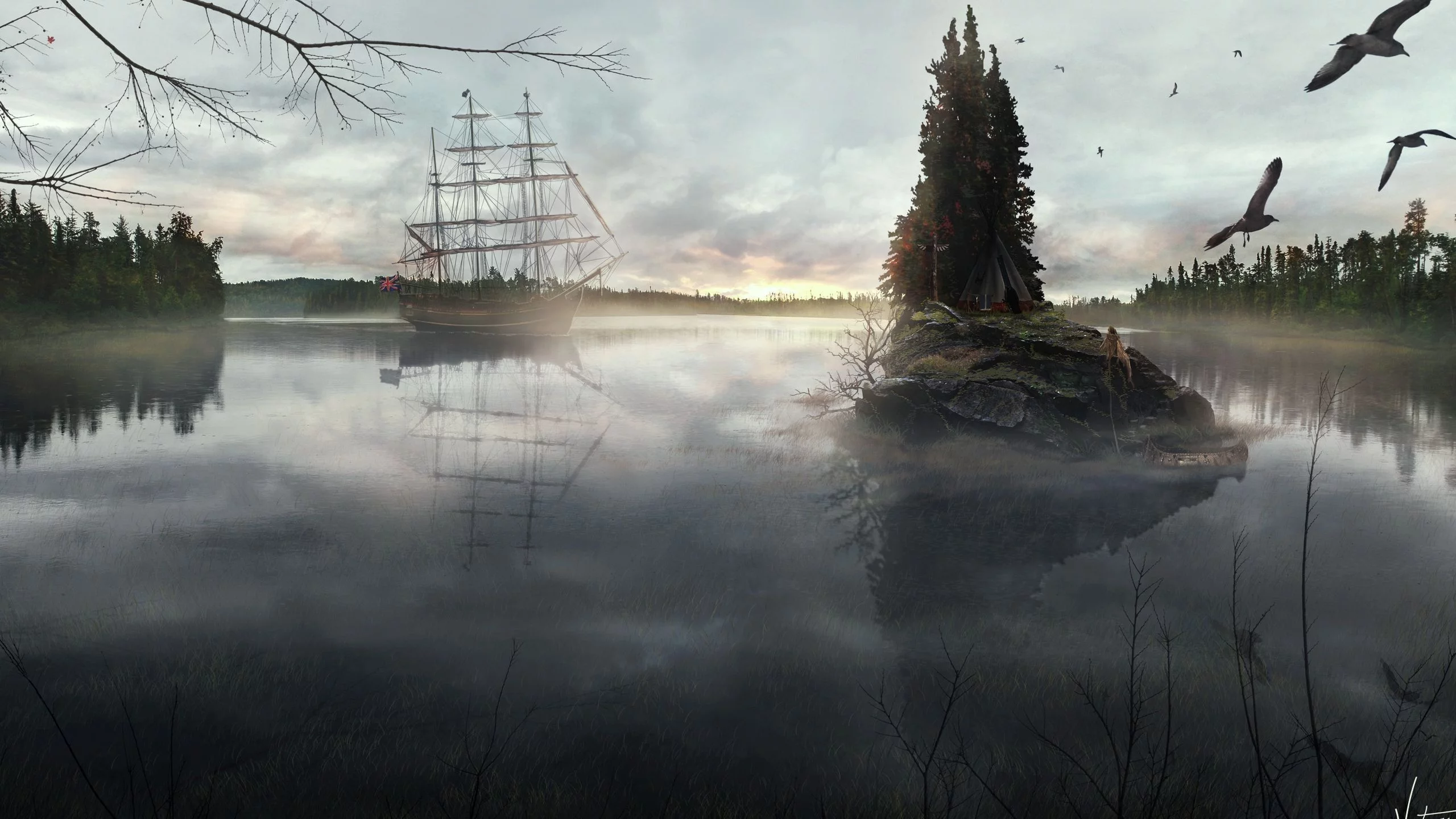 корабль, лес, озеро