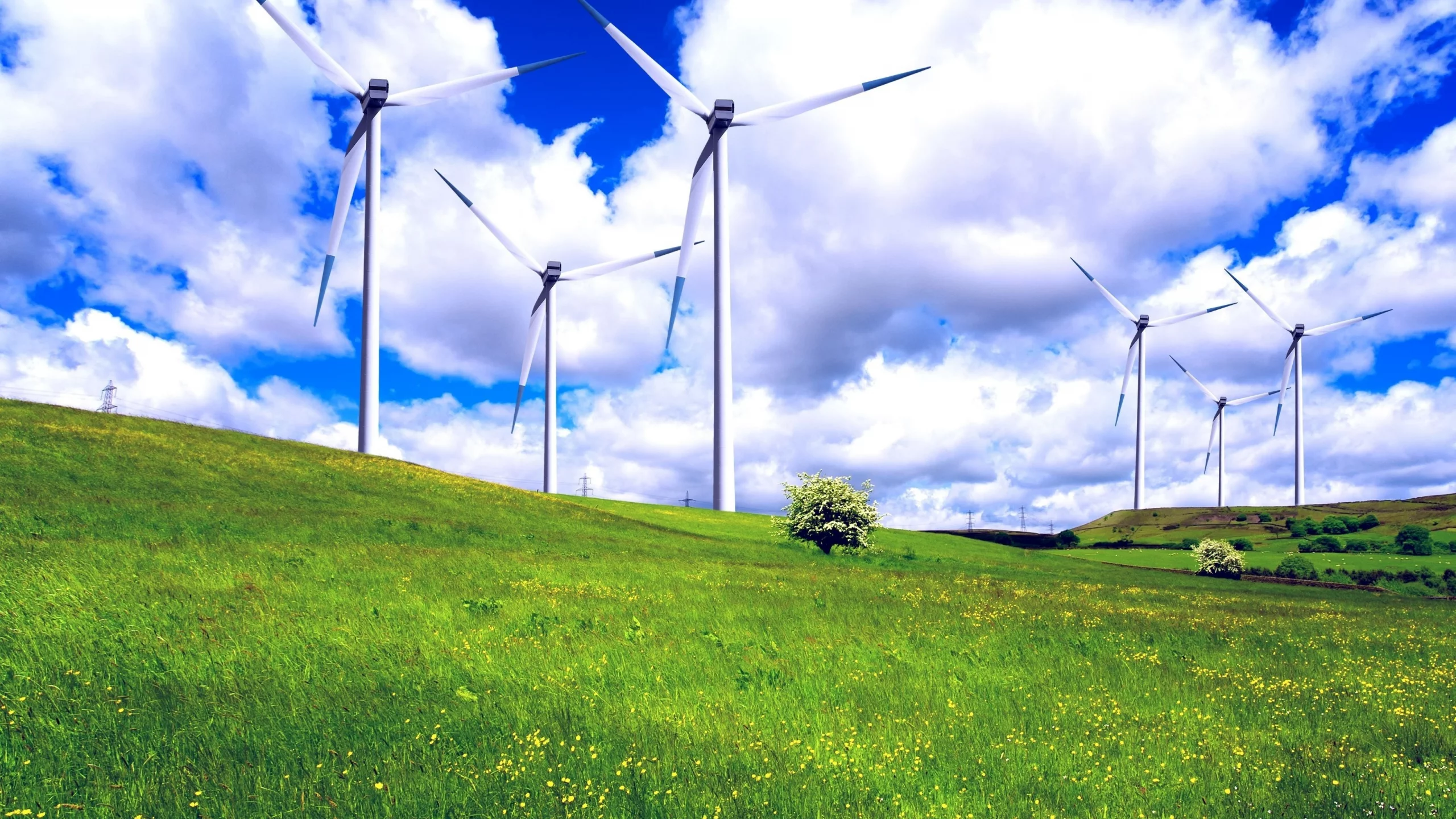 ветрогенераторы, поляна, трава, пейзаж, голубое, облака, зелёная, wind land, небо