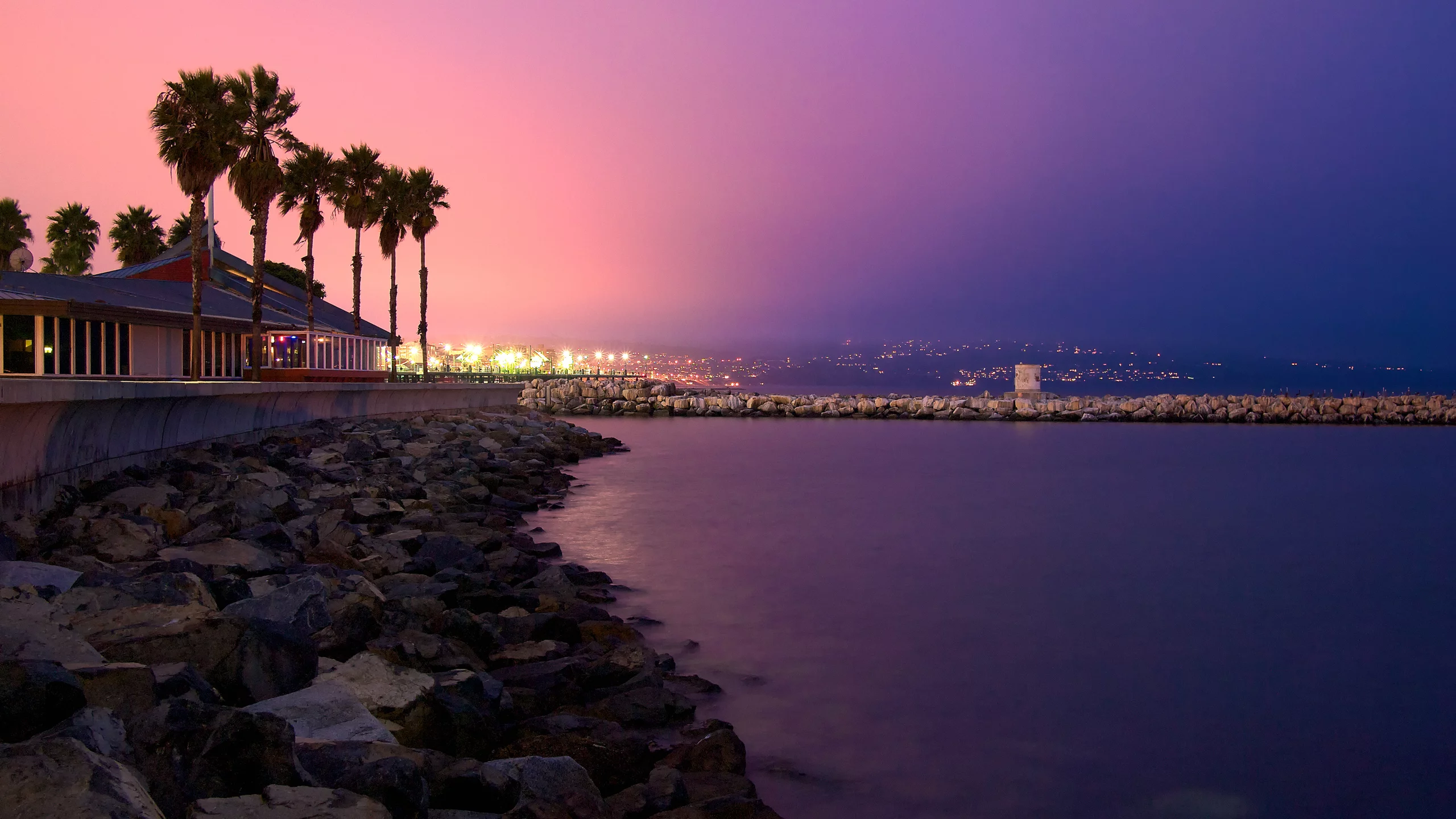 побережье, город, закат, california, пальмы