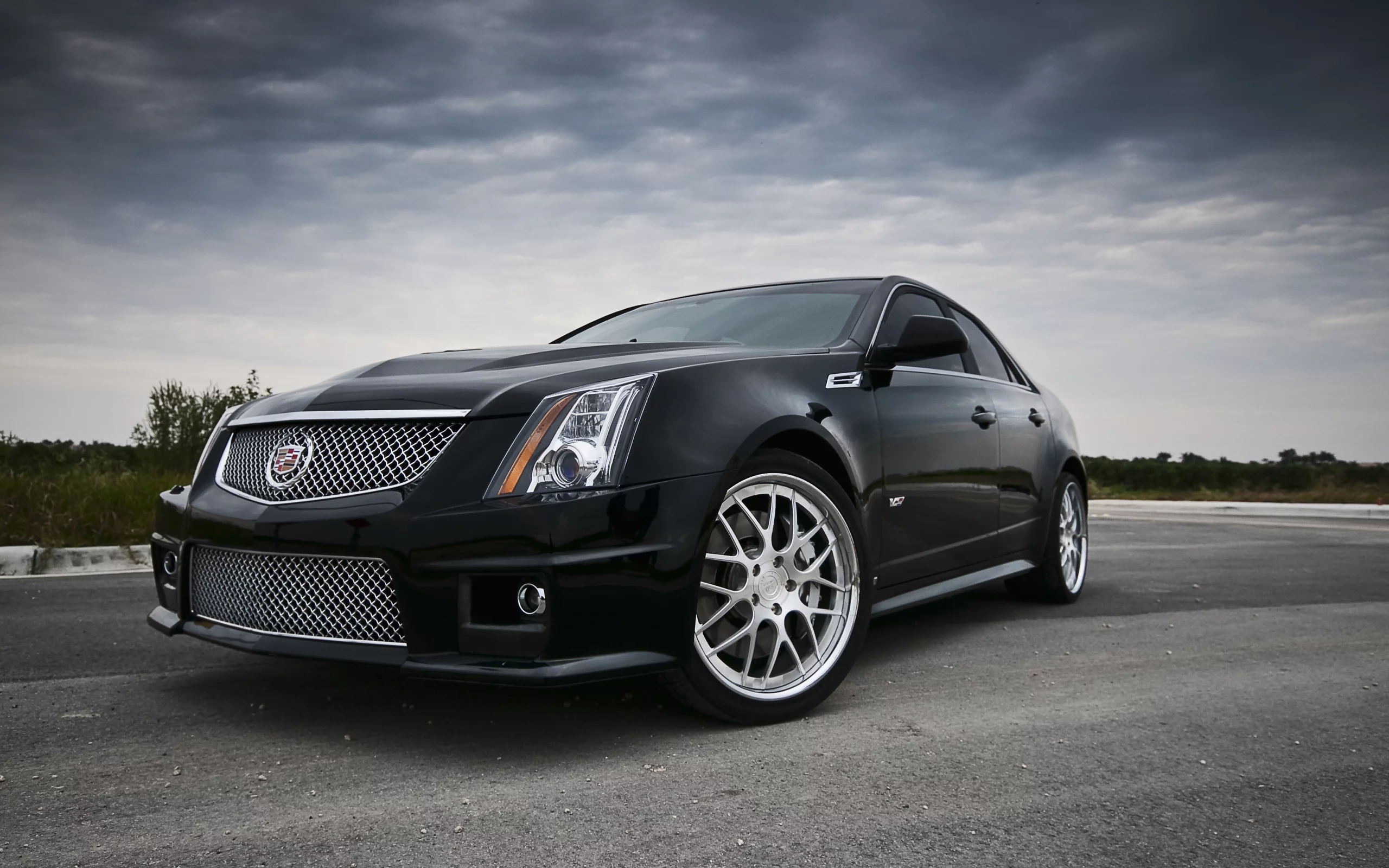 cadillac, тучи, чёрный, передняя часть, кадилак, black, облака, cts, асфальт, небо