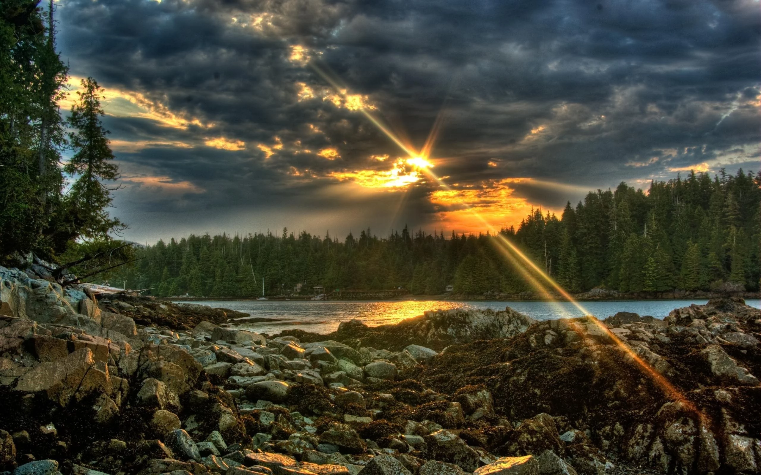 река, камни, небо, лес, закат, sunset