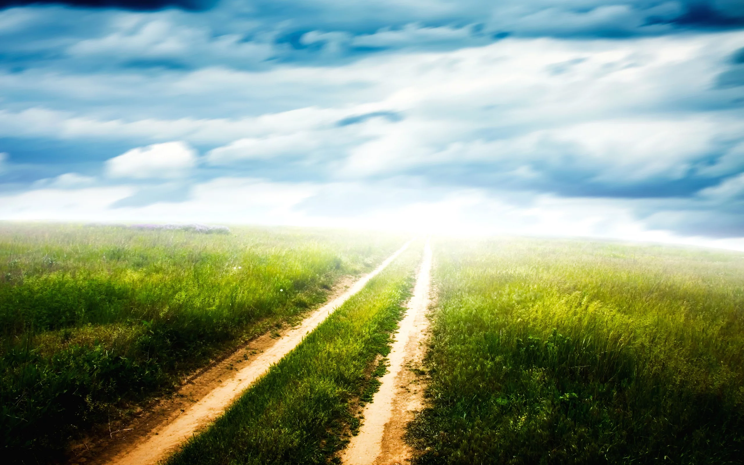 колея, поле, green pathway, облака, горизонт, дорога, просёлочная