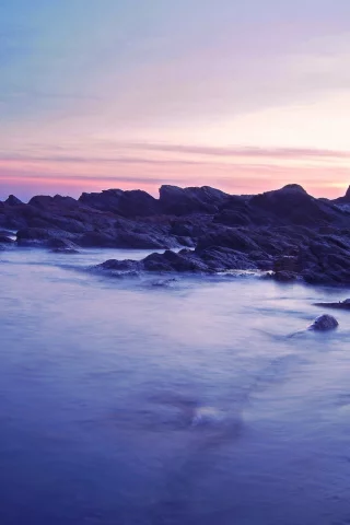 вода, камни, цвет, небо, фиолетовый, песок, берег, вечер, море
