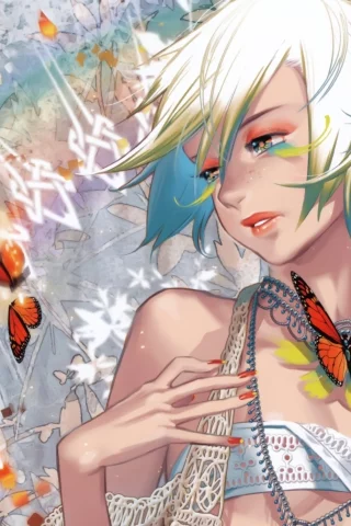 девушка, бабочка, блондинка, рука, midori foo (artist)