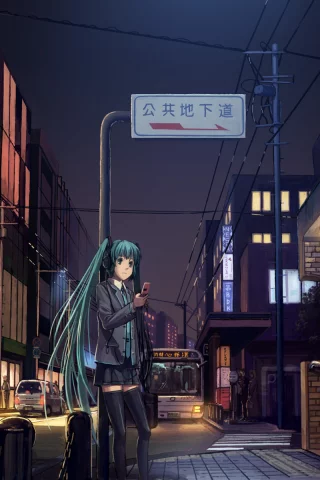 машины, улица, вокалоид, мобильник, vocaloid, вечер, девушка