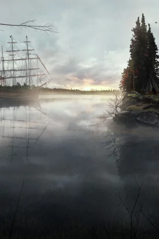 корабль, лес, озеро