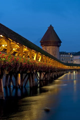 lucerne, chapel bridge, switzerland, огни, вечер, мост