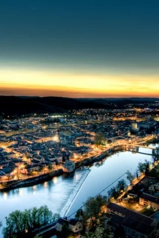 city, cahors, ло, огни, каор, город, вечер, закат, франция, река